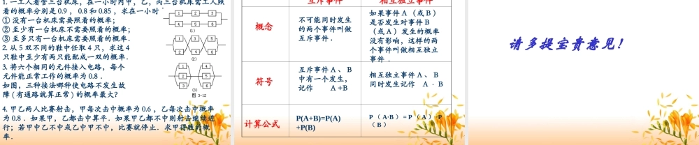 独立事件同时发生的概率(2课时) 高二数学课件相互独立事件同时发生的概率[整理二课时]人教版 高二数学课件相互独立事件同时发生的概率[整理二课时]人教版
