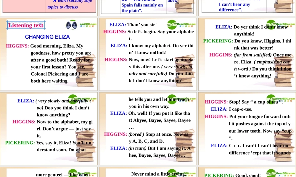 高中英语 Unit4(Pygmalion)-Listening and speaking 课件 新人教版选修8 课件