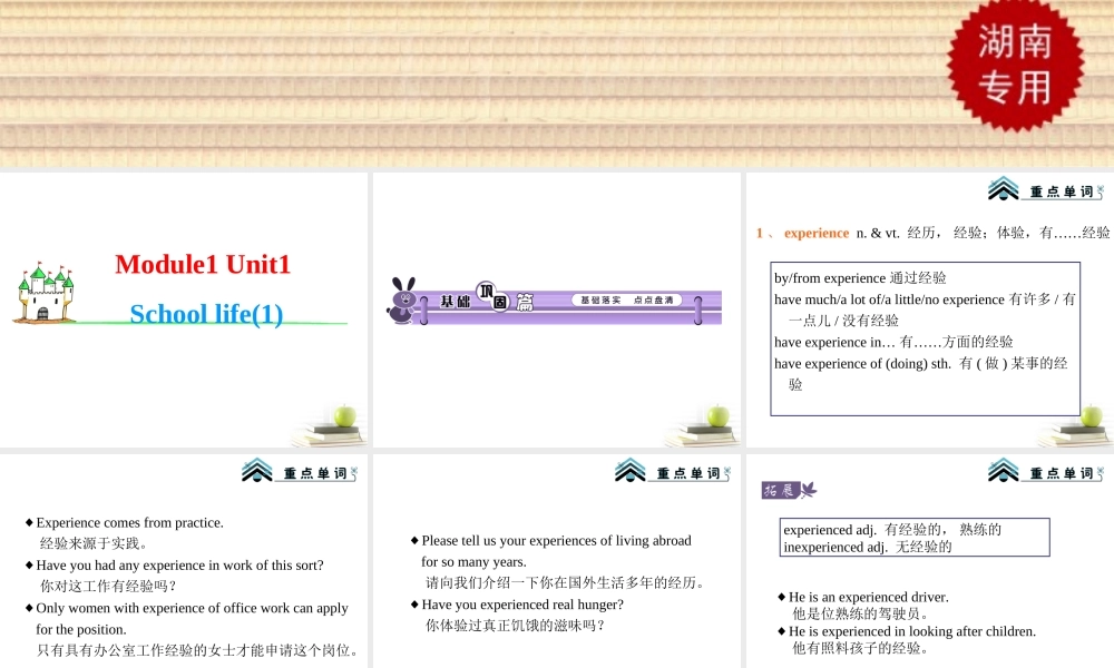 高中英语第1轮总复习 Unit1 School life(1)(湖南专版) 课件