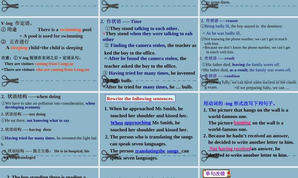 高中英语 模块四第四单元引导发现语法课设计 V-ing做定语和状语课件 新人教版必修4 课件