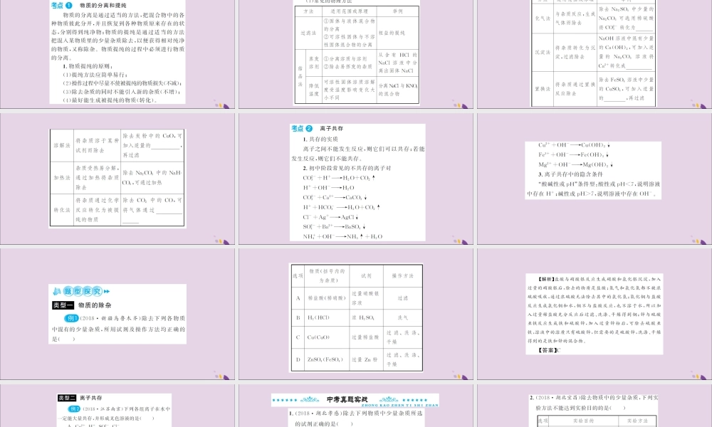 湖北省中考化学一轮复习 专题训练(三)物质提纯题课件