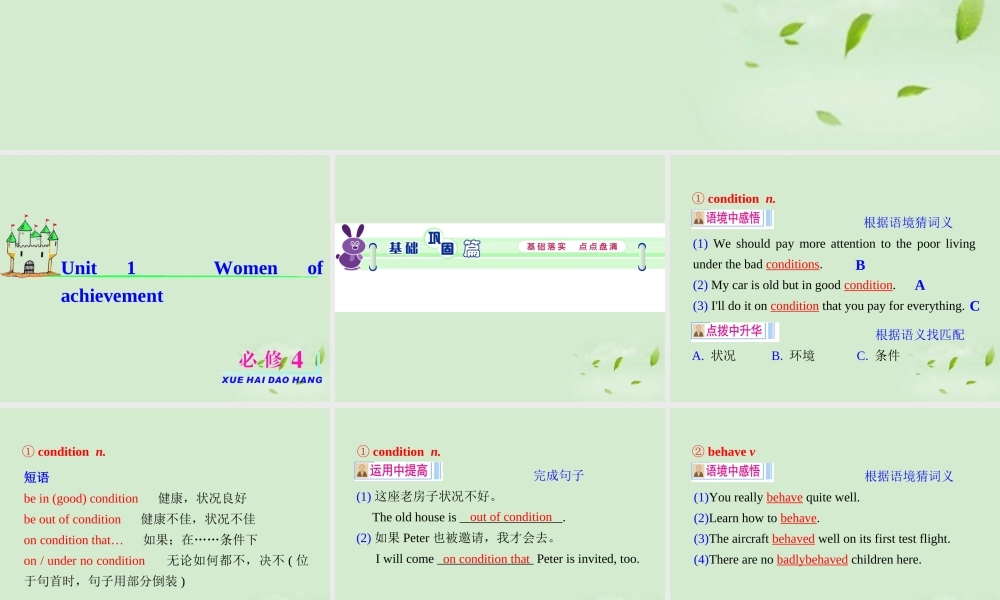 高考英语一轮复习 Unit1 Women of achievement课件 新人教版必修4(福建专用) 课件