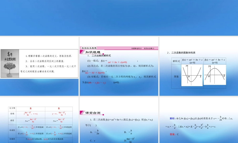 高考数学理一轮复习 2.4 二次函数精品课件 新人教A版 课件