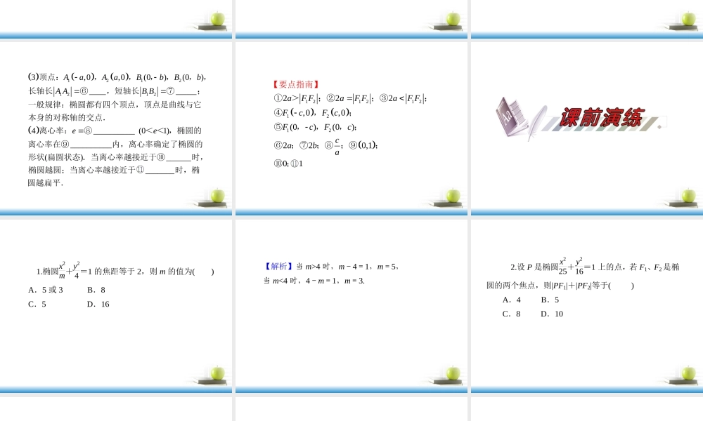 高考数学第一轮总复习 第56讲 椭圆课件 文 (湖南专版)  课件