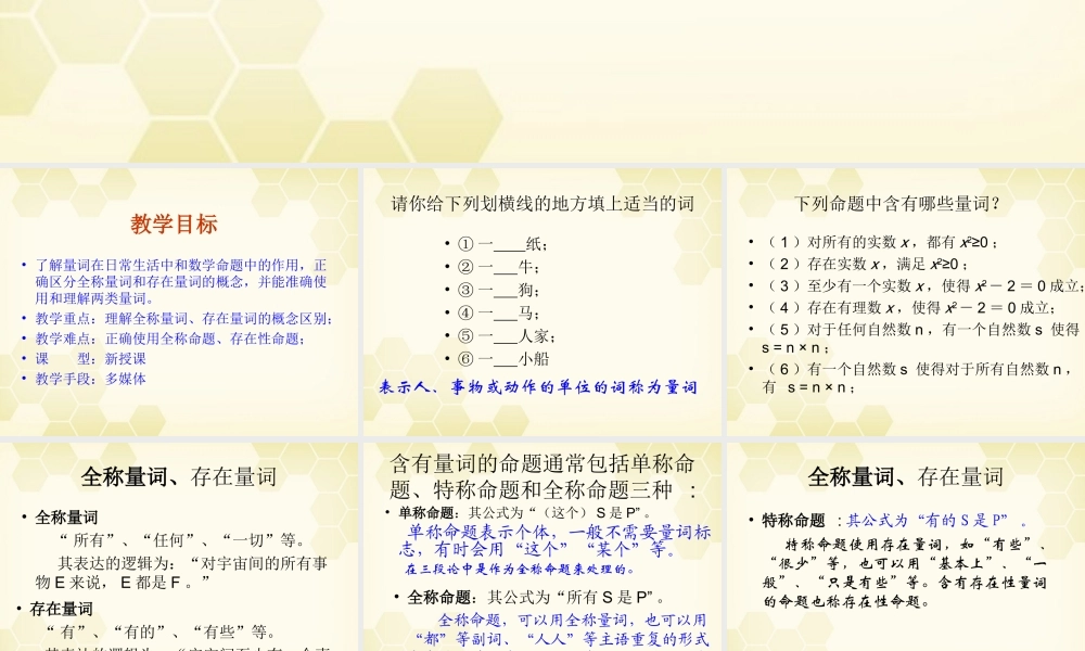高中数学 141(全称量词与存在量词(一)量词)课件 新人教A版选修2-1 课件