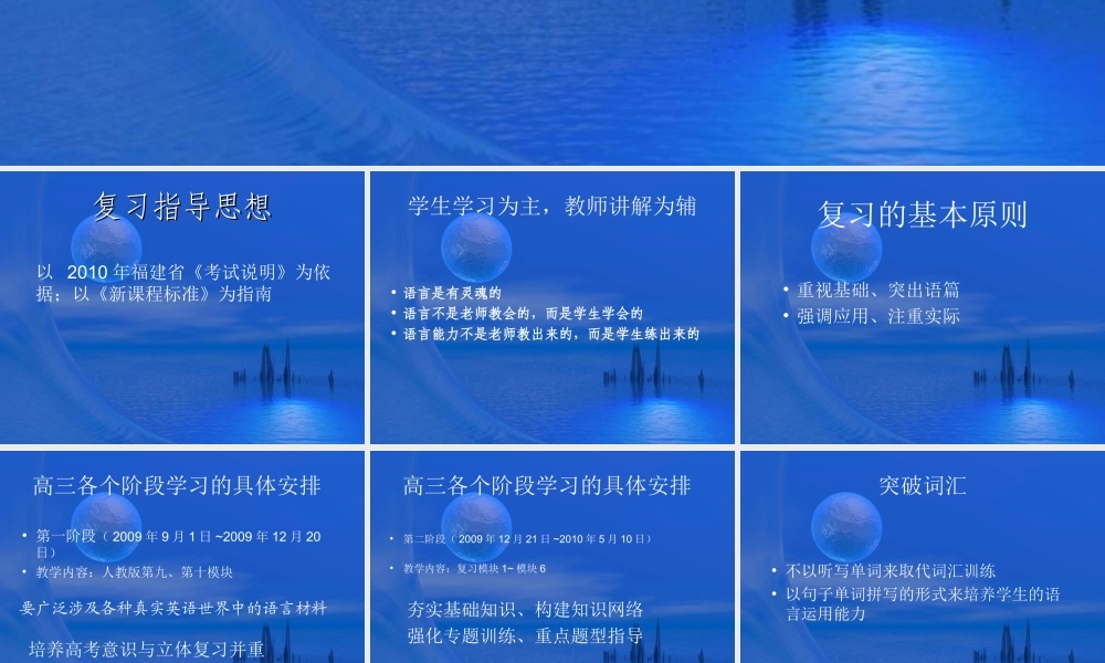 福建省第二届新课程高三英语毕业班教学工作会议 高三各个阶段的复习计划安排课件 新人教版 课件