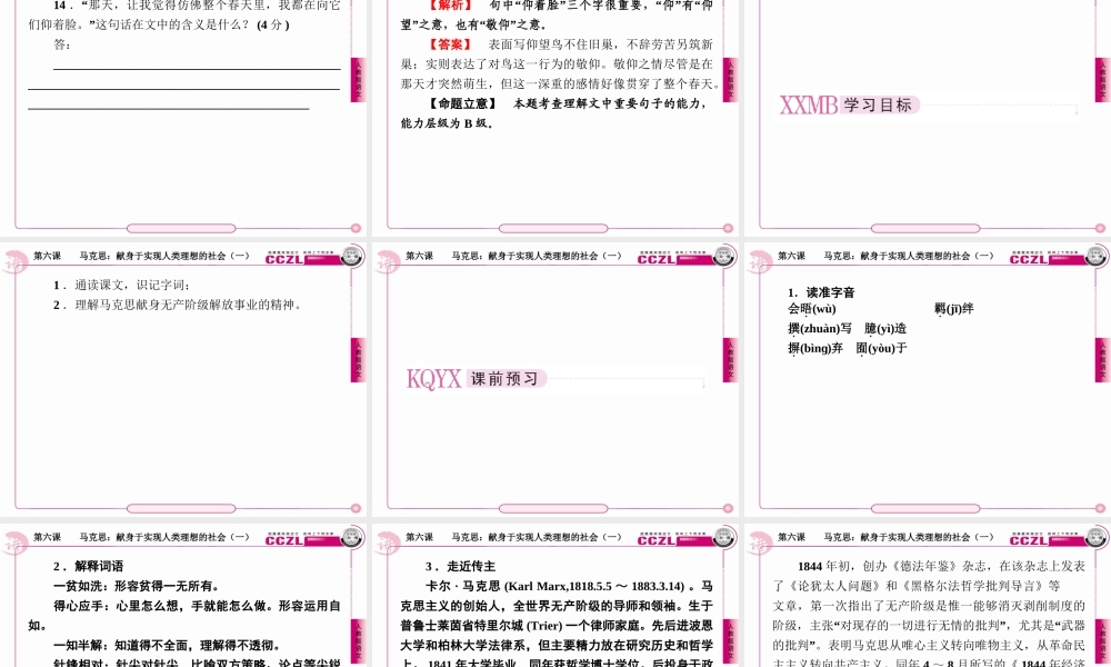 高中语文 第六课  马克思：献身于实现人类理想的社会(一)课件 新人教版选修(中外传记作品选读) 课件