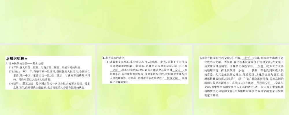 秋七年级历史上册 课时知识梳理 第4单元 三国两晋南北朝时期 政权分立与民族交融 第19课 北魏政治和北方民族大交融课件 新人教版 课件