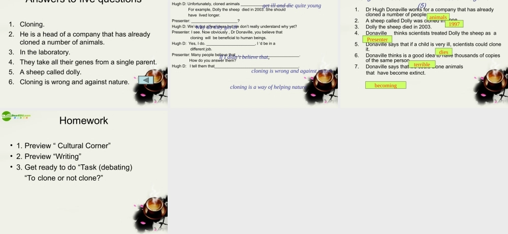 高中英语 Module5(Cloning)Listening,Spenking and Writin课件1 外研版选修6 课件