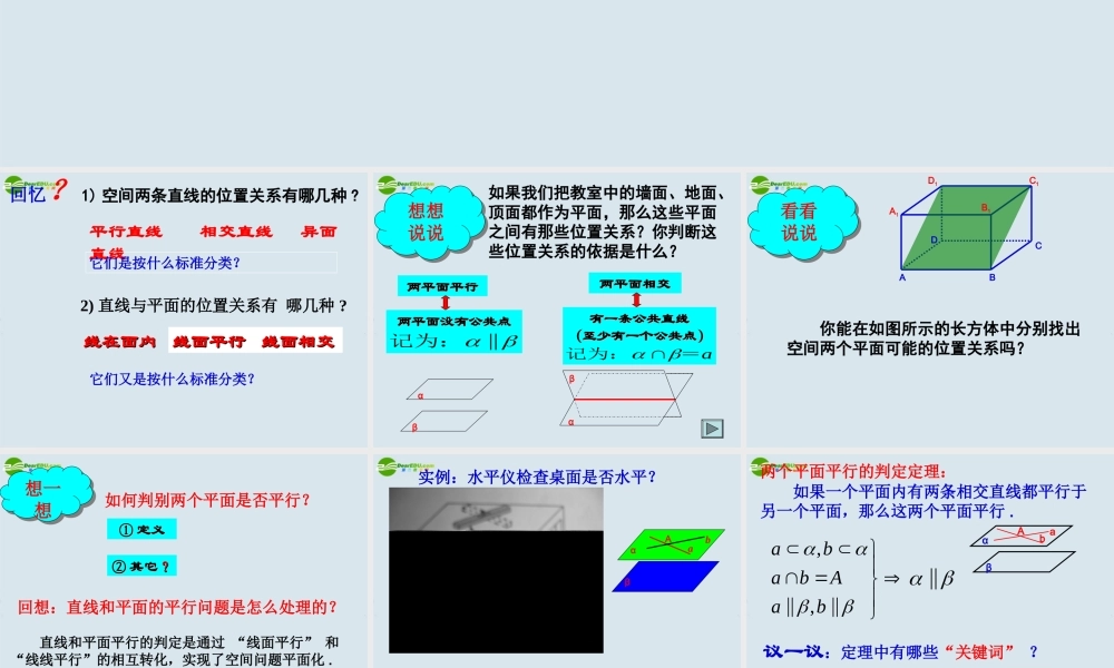 高中数学 平面与平面的位置关系课件 新人教版A版必修2 课件