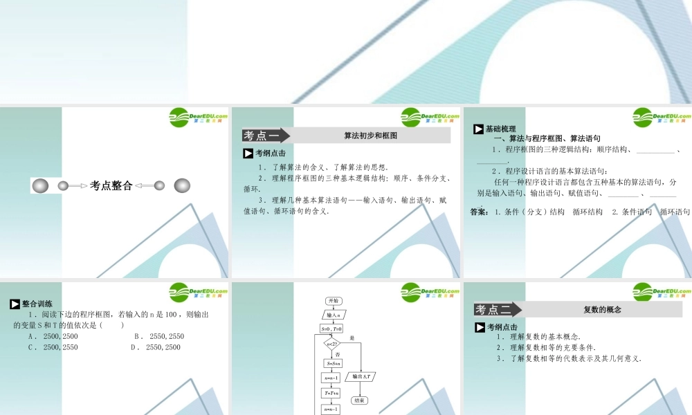高考数学二轮复习 专题七：第四讲(算法初步、框图、复数) 文 课件