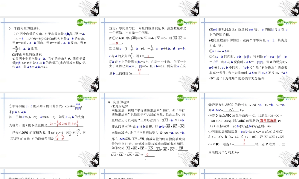 高考数学二轮复习 第4讲平面向量课件 文 大纲人教版 课件