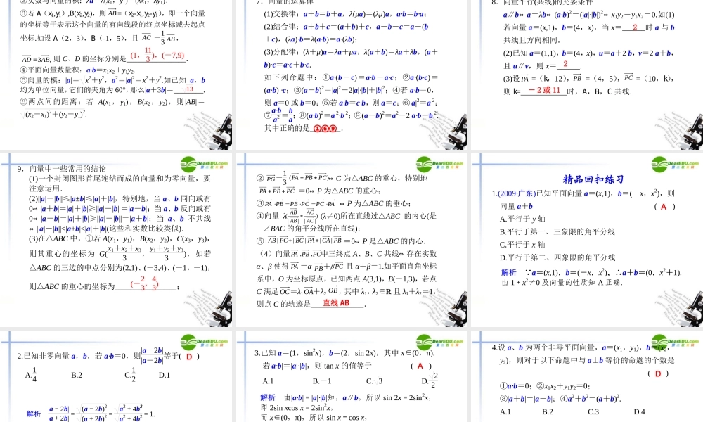 高考数学二轮复习 第4讲平面向量课件 文 大纲人教版 课件