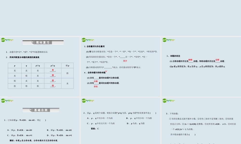 高三数学一轮复习 逻辑联结词、全称量词与存在量词课件 北师大版 课件
