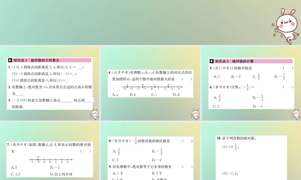 秋七年级数学上册 第1章 有理数 1.2 有理数 1.2.4 绝对值 第1课时 绝对值习题课件 (新版)新人教版 课件