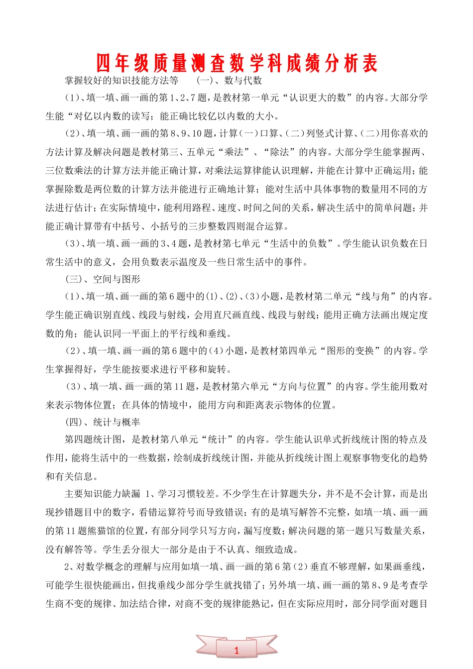四年级质量测查数学科成绩分析表_第1页
