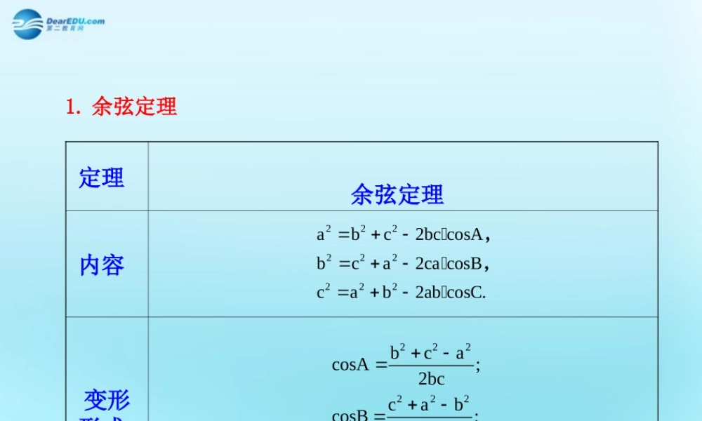 高中数学 112 余弦定理知识表格素材 新人教版必修5 素材