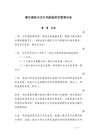 银行派驻分支行风险监控官管理办法