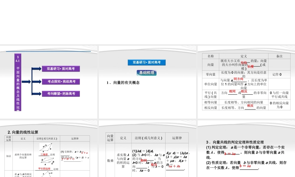 高考数学总复习 第4章§4.1平面向量的概念及线性运算精品课件 理 北师大版 课件