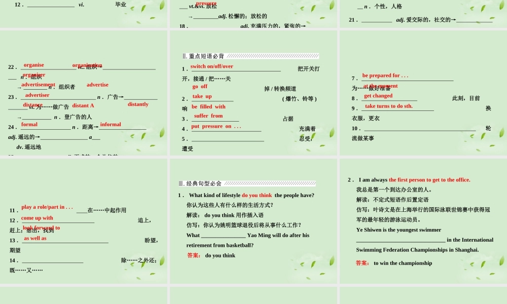 高考英语一轮复习 UUnit 1 Lifestyles课件 北师大版必修1 课件