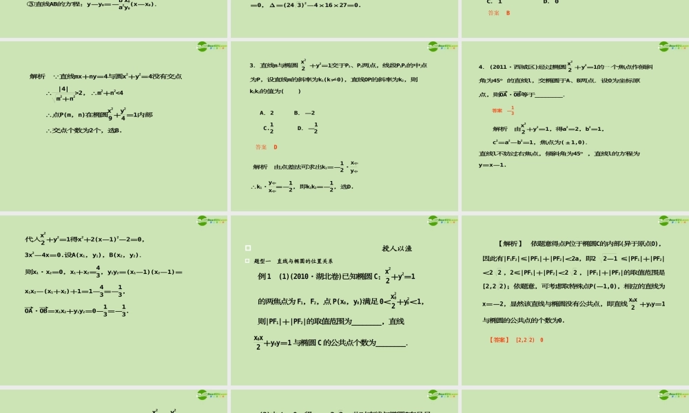 高考数学一轮复习 直线与椭圆调研课件 文 新人教A版 课件