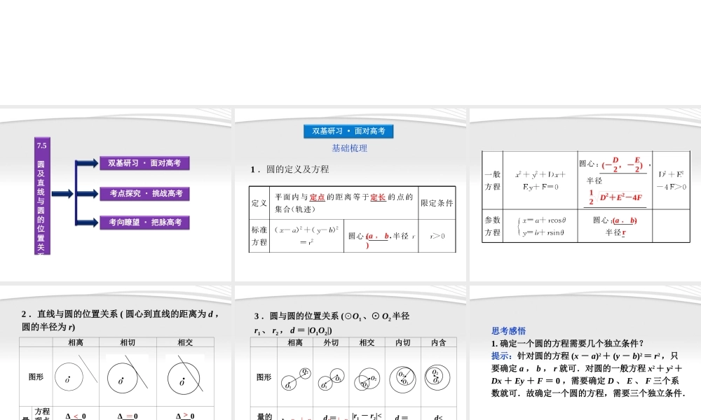 高考数学总复习 第7章§7.5圆及直线与圆的位置关系精品课件 大纲人教版 课件