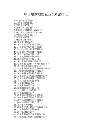 中国电线电缆企业100强排名