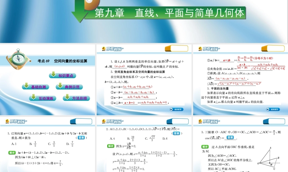 高三数学第一轮复习(高考教练)考点69 空间向量的坐标运算(理科)课件