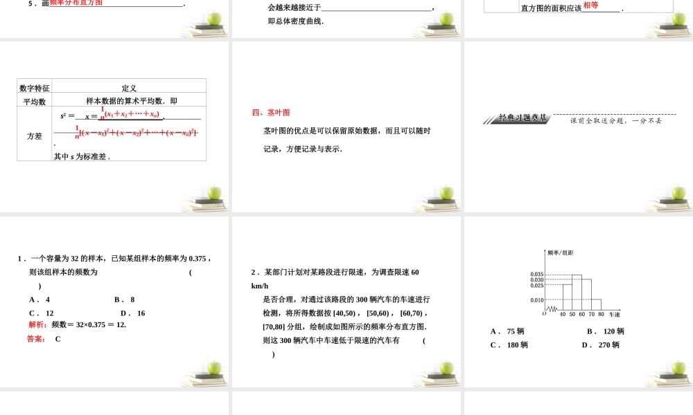 高考数学 第九章第二节用样本估计总体课件 新人教A版 课件