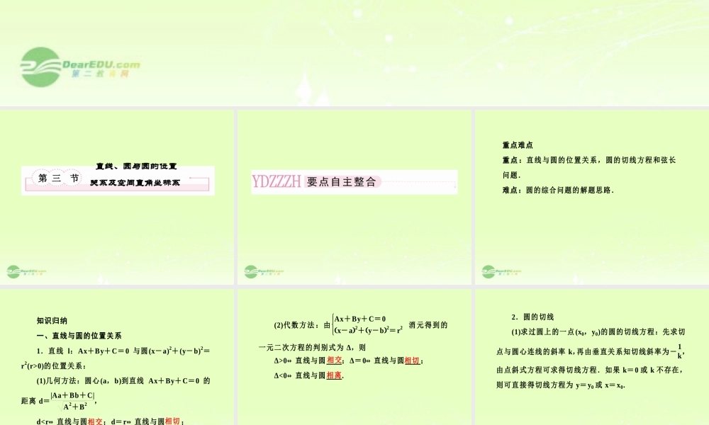 高考数学总复习 8-3 直线、圆与圆的位置关系及空间直角坐标系课件 新人教B版 课件