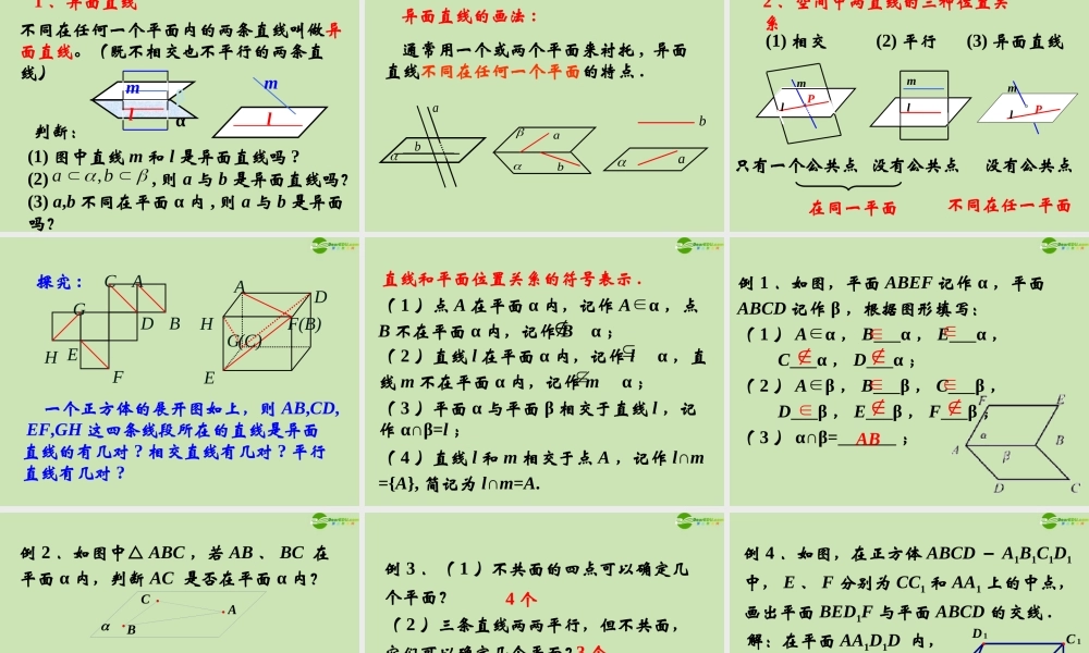 高中数学 121 平面基本性质与推论 课件 新人教B版必修2 课件