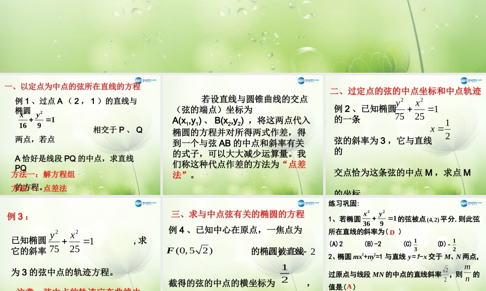 高中数学 椭圆中点弦问题课件 新人教A版选修2-1 课件