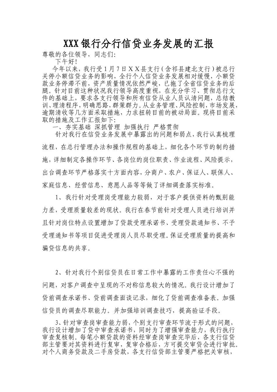 银行分行信贷业务发展的汇报_第1页
