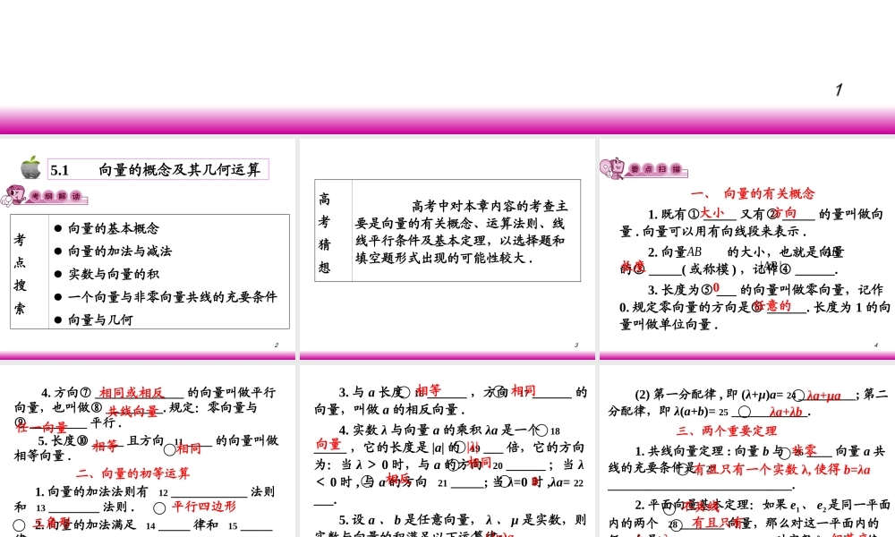 高考数学第一轮总复习5.1向量的概念及其几何运算(第1课时)课件 文 (广西专版) 课件