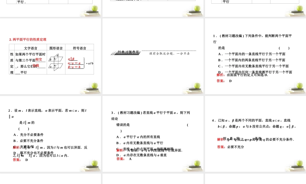 高考数学 第七章第四节直线、平面平行的判定及性质课件 新人教A版 课件