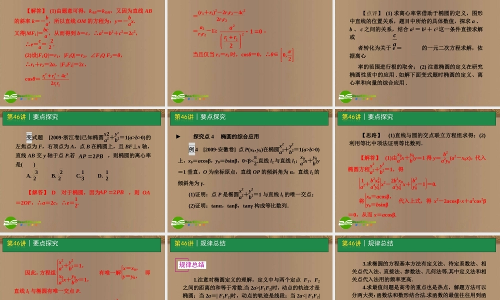 高考数学一轮单元复习 第46讲 椭圆课件