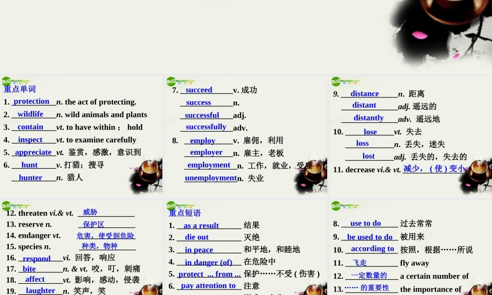 高中英语 Unit 4 Wildlife pretectionPart 8 单元总结课件 新人教版必修2 课件