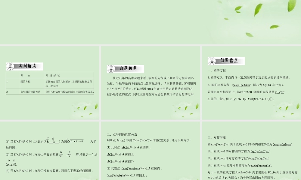 高三数学一轮复习 第七章平面集合圆的方程课件 文 课件