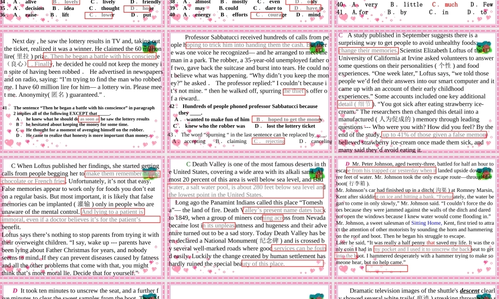 陕西省神木六中高三英语第四次周考阅读完形讲解 新课标 人教版 课件