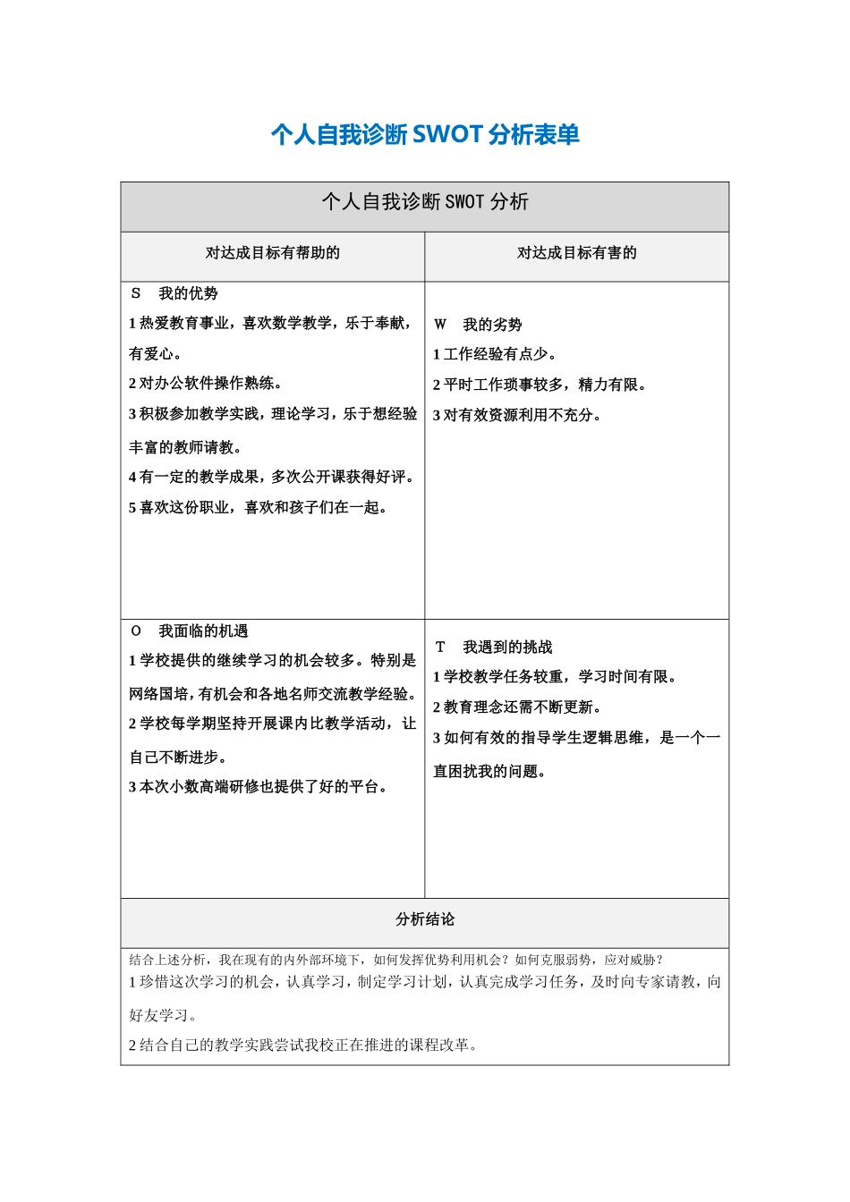 倪曼苹的自我分析swot表.doc_第1页