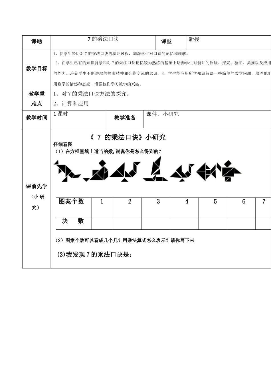 小学数学人教2011课标版二年级《7的乘法口诀》课前小研究_第1页