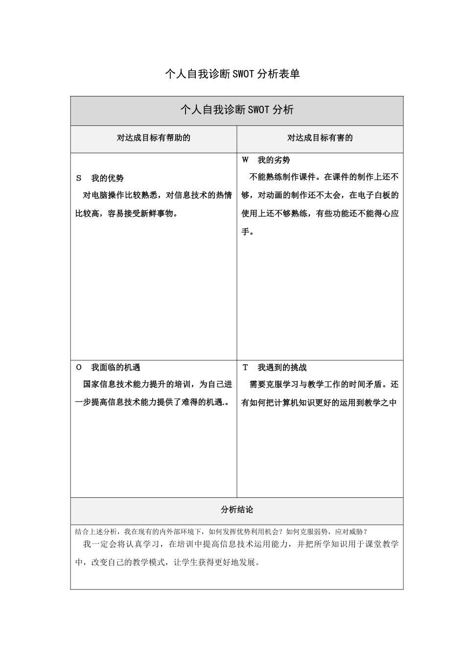 第一步骤所需文档：个人自我诊断SWOT分析表_第1页