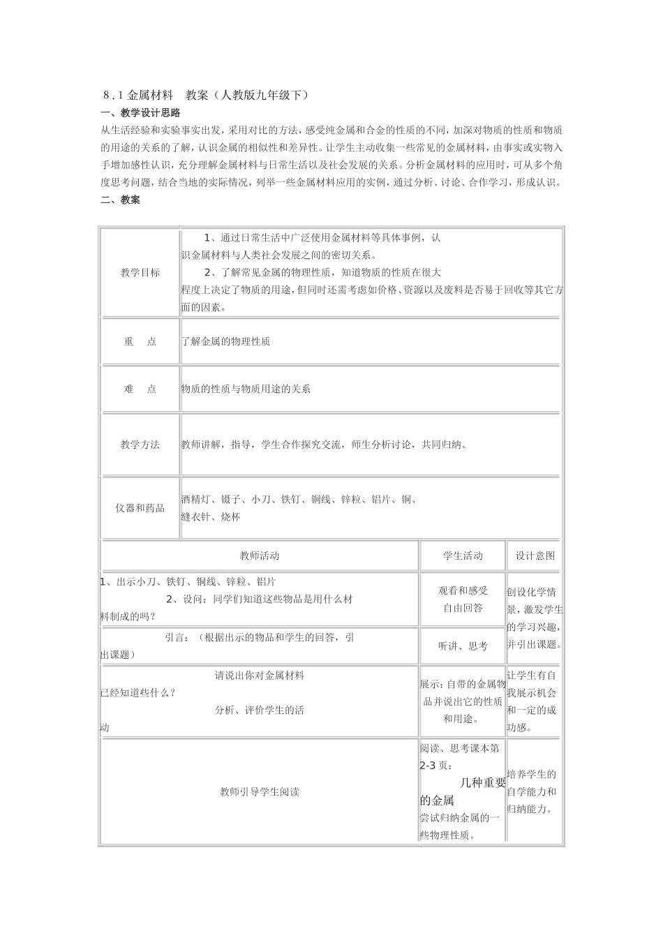 8.1金属材料-教案(人教版九年级下)_第1页