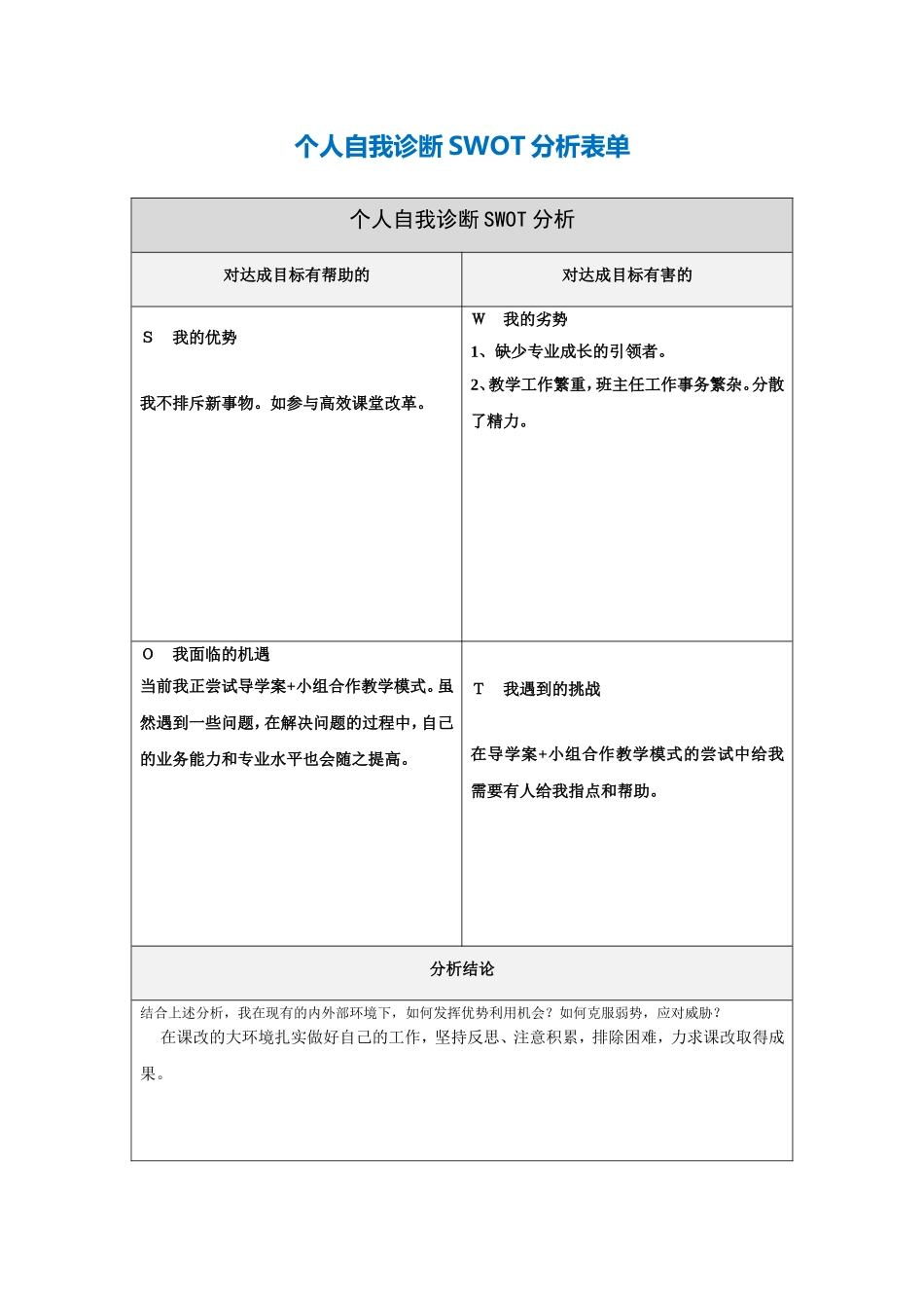 个人自我诊断SWOT分析表-(15)_第1页