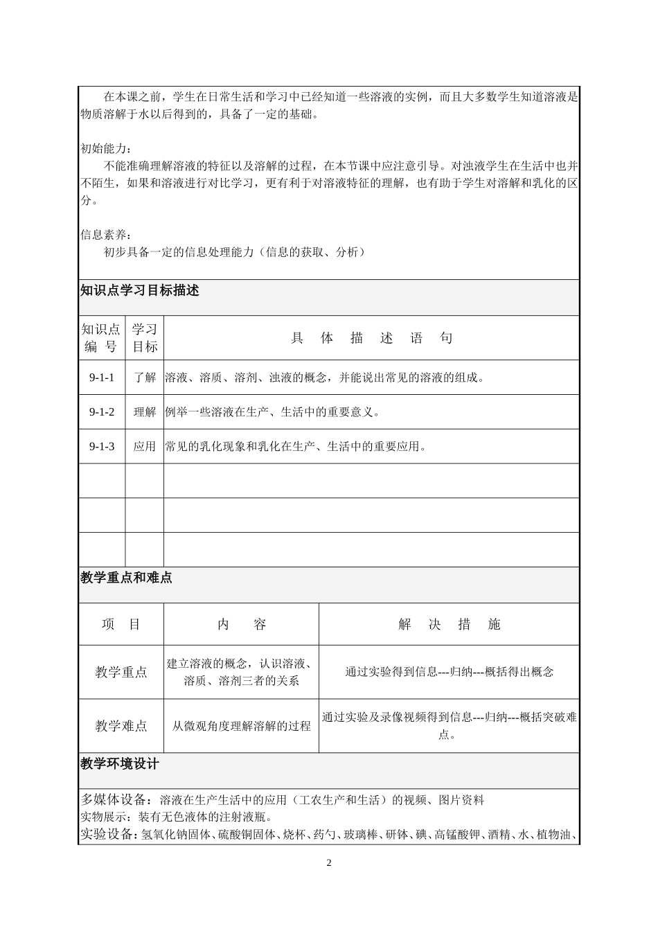 人教版九年级化学下册第九单元溶液课题1《溶液的形成》教学设计_第2页