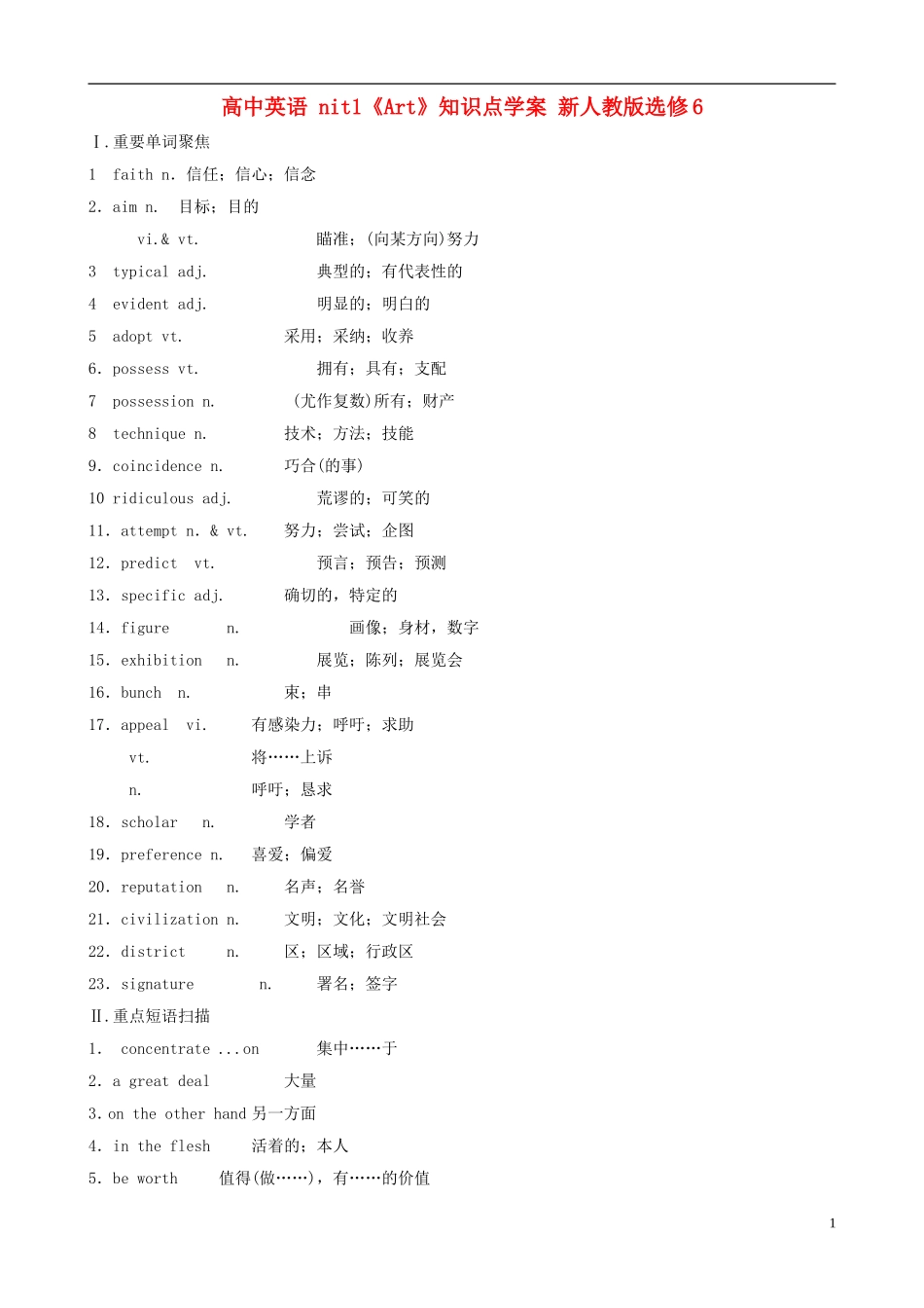高中英语-nit1《Art》知识点学案-新人教版选修6_第1页