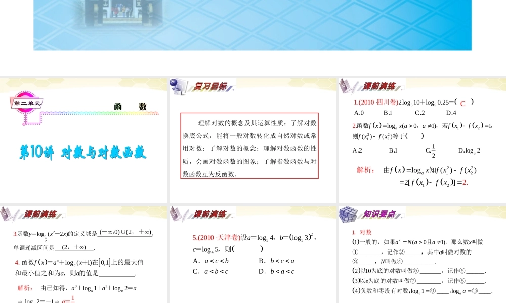 湖南省高三数学总复习一轮 第2单元第10讲 对数与对数函数精品课件 理 新课标 课件