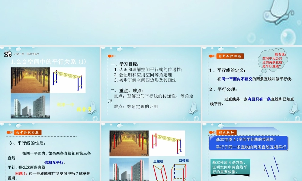 高中数学 122空间中的平行关系(平行直线)课件 新人教B版必修2 课件