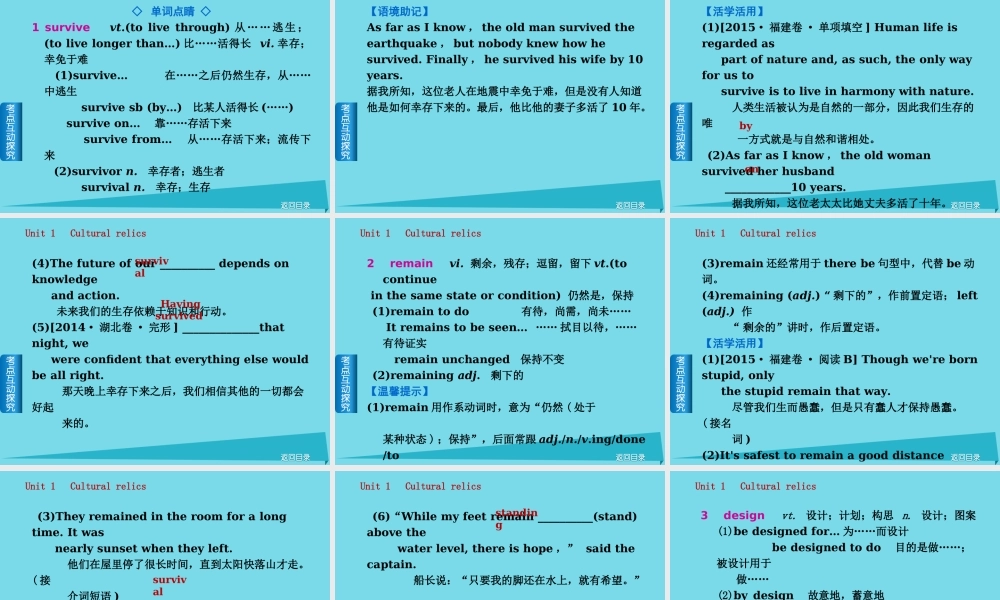 高考复习方案(全国卷地区专用)高考英语一轮总复习 Unit 1 Cultural relics课件 新人教版必修2 课件