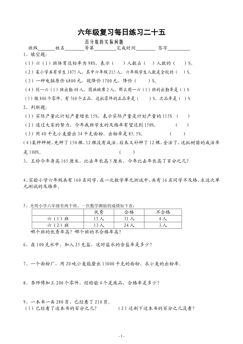 六年级复习每日练习25百分数的实际问题_第1页